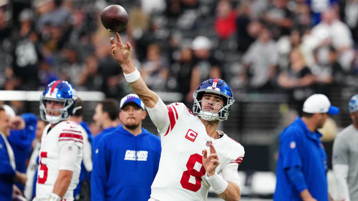 Nov 5, 2023; Paradise, Nevada, USA; New York Giants quarterback Daniel Jones (8) warms up before a game against the Las Vegas Raiders at Allegiant Stadium. Mandatory Credit: Stephen R. Sylvanie-USA TODAY Sports