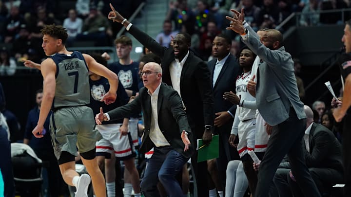 Dec 16, 2025; Storrs, Connecticut, USA; UConn Huskies head coach Dan Hurley watches from the sideline as they take on the Butler Bulldogs at Harry A. Gampel Pavilion. Mandatory Credit: David Butler II-Imagn Images