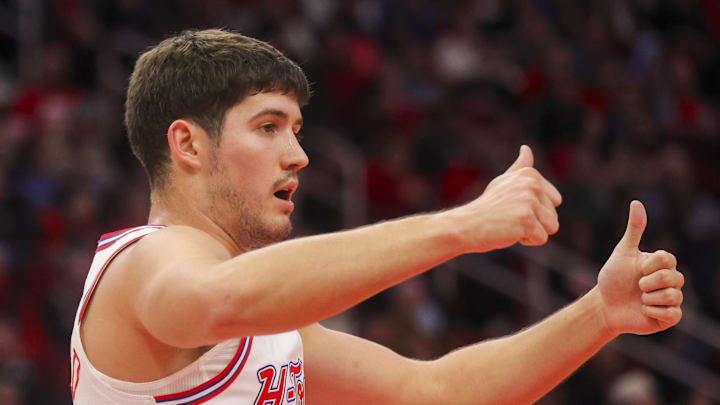 Dec 29, 2025; Houston, Texas, USA; Houston Rockets guard Reed Sheppard (15) reacts to a jump ball call while playing against the Indiana Pacers in the second quarter at Toyota Center. Mandatory Credit: Thomas Shea-Imagn Images