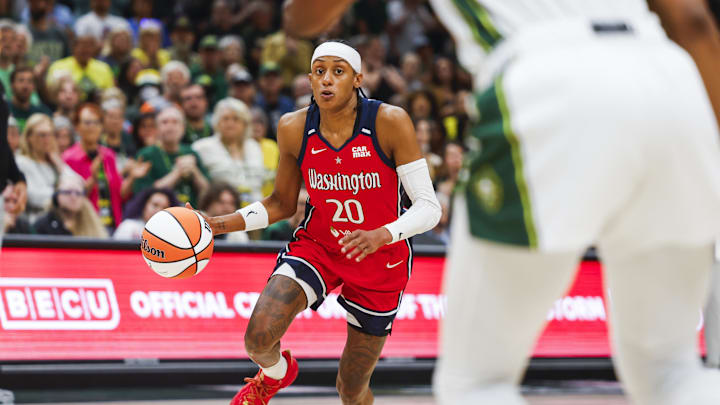 Jul 13, 2025; Seattle, Washington, USA; Washington Mystics guard Brittney Sykes (20) dribbles against the Seattle Storm during the fourth quarter at Climate Pledge Arena. Mandatory Credit: Joe Nicholson-Imagn Images Jul 13, 2025; Seattle, Washington, USA; Washington Mystics guard Brittney Sykes (20) dribbles against the Seattle Storm during the fourth quarter at Climate Pledge Arena. Mandatory Credit: Joe Nicholson-Imagn Images