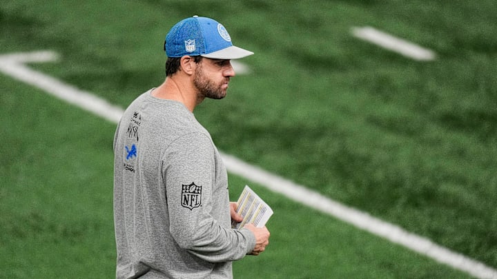 Detroit Lions pass game coordinator Tanner Engstrand watches practice at Meijer Performance Center in Allen Park on Friday, Jan. 3, 2025.