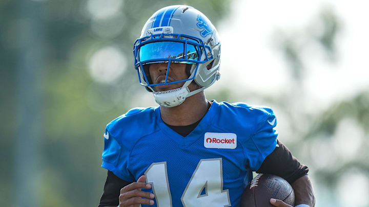 Detroit Lions wide receiver Amon-Ra St. Brown (14) practices during training camp at Meijer Performance Center in Allen Park on Thursday, July 24, 2025.