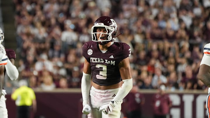 Aug 30, 2025; College Station, Texas, USA; Texas A&M Aggies safety Marcus Ratcliffe (3) celebrates during the second half against the UTSA Roadrunners at Kyle Field. Mandatory Credit: Sean Thomas-Imagn Images