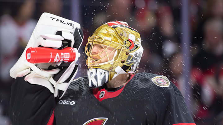 Apr 4, 2024; Ottawa, Ontario, CAN; Ottawa Senators goalie Joonas Korpisalo (70) cools down prior to the start of the second period against the Florida Panthers at the Canadian Tire Centre. Mandatory Credit: Marc DesRosiers-Imagn Images