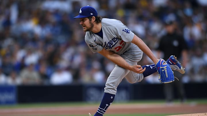 Los Angeles Dodgers starting pitcher Trevor Bauer (27) throws a pitch against the San Diego Padres during the first inning at Petco Park in 2021. 