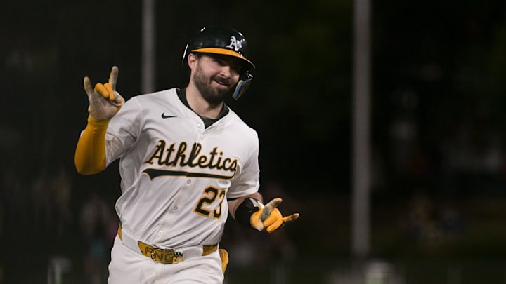Aug 11, 2025; West Sacramento, California, USA; Athletics catcher Shea Langeliers (23) rounds the bases after hitting a home run against the Tampa Bay Rays during the fifth inning at Sutter Health Park. Mandatory Credit: Ed Szczepanski-Imagn Images Aug 11, 2025; West Sacramento, California, USA; Athletics catcher Shea Langeliers (23) rounds the bases after hitting a home run against the Tampa Bay Rays during the fifth inning at Sutter Health Park. Mandatory Credit: Ed Szczepanski-Imagn Images