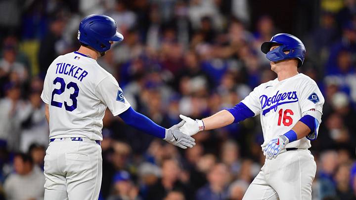 Los Angeles Dodgers catcher Will Smith (16) is greeted by right fielder Kyle Tucker (23) after hitting a two run home run against the Colorado Rockies during the sixth inning at Dodger Stadium on May 26, 2026. Los Angeles Dodgers catcher Will Smith (16) is greeted by right fielder Kyle Tucker (23) after hitting a two run home run against the Colorado Rockies during the sixth inning at Dodger Stadium on May 26, 2026.