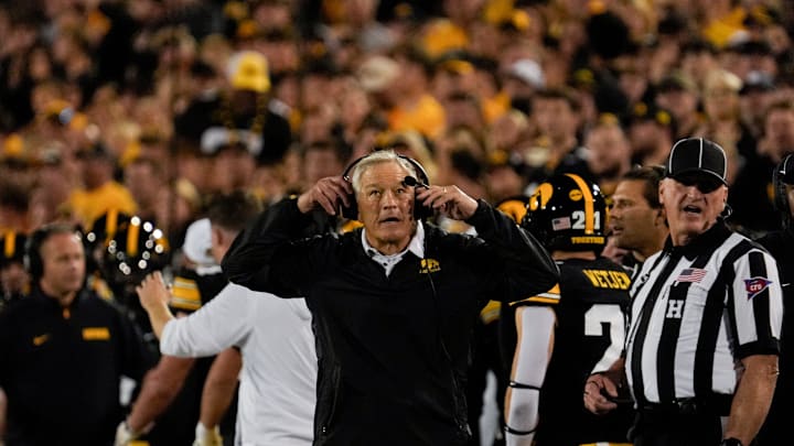 Iowa Hawkeyes head coach Kirk Ferentz is pictured during a college football game against the Penn State Nittany Lions Oct. 18, 2025 at Kinnick Stadium in Iowa City, Iowa.