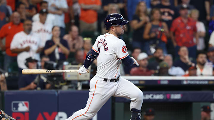 Houston Astros third base Alex Bregman (2) hits a single against the Detroit Tigers in the ninth inning  in game one of the Wild Card round for the 2024 MLB Playoffs at Minute Maid Park on Oct 1.