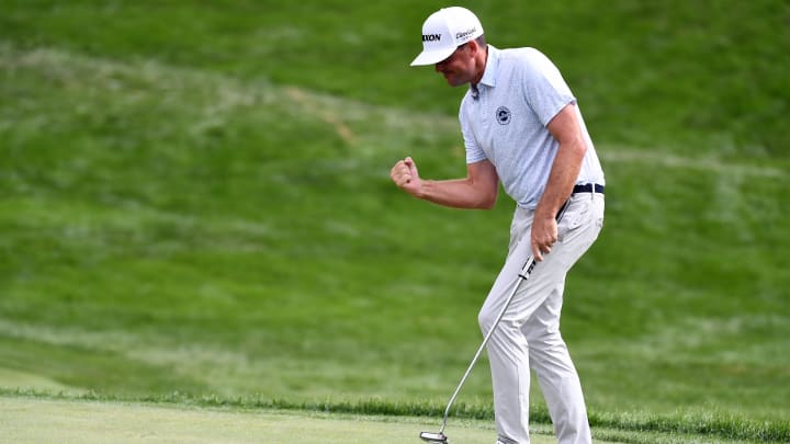 Aug 24, 2024; Castle Rock, Colorado, USA; Keegan Bradley celebrates after putting in for birdie on the 18th hole during the third round of the BMW Championship golf tournament at Castle Pines Golf Club. Mandatory Credit: Christopher Hanewinckel-USA TODAY Sports Aug 24, 2024; Castle Rock, Colorado, USA; Keegan Bradley celebrates after putting in for birdie on the 18th hole during the third round of the BMW Championship golf tournament at Castle Pines Golf Club. Mandatory Credit: Christopher Hanewinckel-USA TODAY Sports