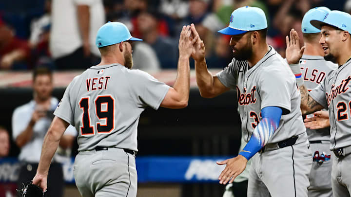 Jul 4, 2025; Cleveland, Ohio, USA; Detroit Tigers relief pitcher Will Vest (19) celebrates with designated hitter Riley Greene (31) after the Tigers beat the Cleveland Guardians at Progressive Field. 