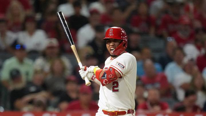 Aug 12, 2026; Anaheim, California, USA; Los Angeles Angels Oswald Peraza (2) reacts after being hit by a pitch in the sixth inning against the Texas Rangers at Angel Stadium. Mandatory Credit: Kirby Lee-Imagn Images Aug 12, 2026; Anaheim, California, USA; Los Angeles Angels Oswald Peraza (2) reacts after being hit by a pitch in the sixth inning against the Texas Rangers at Angel Stadium. Mandatory Credit: Kirby Lee-Imagn Images