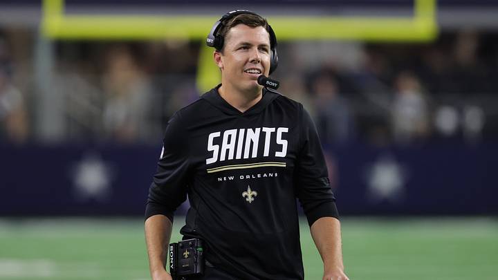 Aug 28, 2026; Arlington, Texas, USA;  New Orleans Saints head coach Kellen Moore looks on in the first half against the Dallas Cowboys at AT&T Stadium.  Mandatory Credit: Kevin Jairaj-Imagn Images