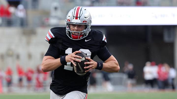 Apr 18, 2026; Columbus, OH, USA;  Ohio State Quarterback Julian Sayin (10) runs the ball for a touchdown during the annual spring game at Ohio Stadium. Mandatory Credit: Joseph Maiorana-Imagn Images 