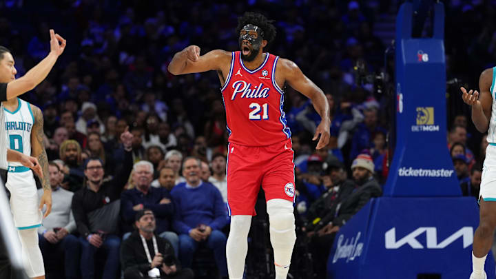 Dec 20, 2024; Philadelphia, Pennsylvania, USA; Philadelphia 76ers center Joel Embiid (21) reacts against the Charlotte Hornets in the second quarter at Wells Fargo Center. Mandatory Credit: Kyle Ross-Imagn Images