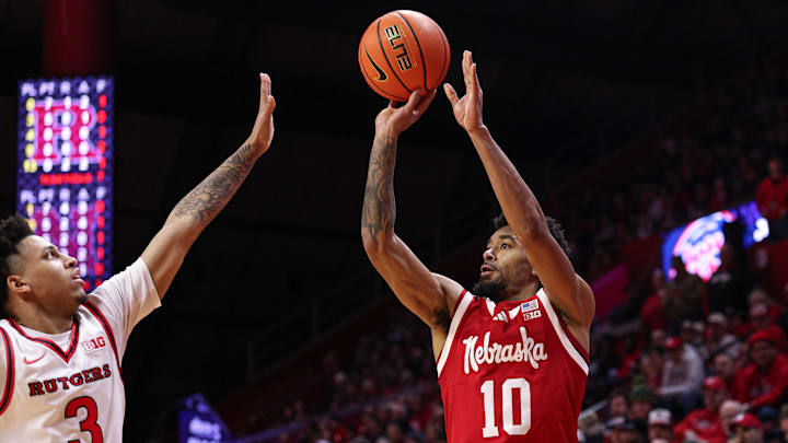 Nebraska guard Jamarques Lawrence (10) shoots the ball against Rutgers guard Kaden Powers (3) in NU's 80-68 win on Saturday.