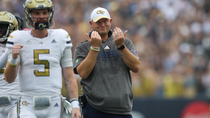 Sep 14, 2024; Atlanta, Georgia, USA; Georgia Tech Yellow Jackets head coach Brent Key reacts after a touchdown against the Virginia Military Institute Keydets in the second quarter at Bobby Dodd Stadium at Hyundai Field. Mandatory Credit: Brett Davis-Imagn Images