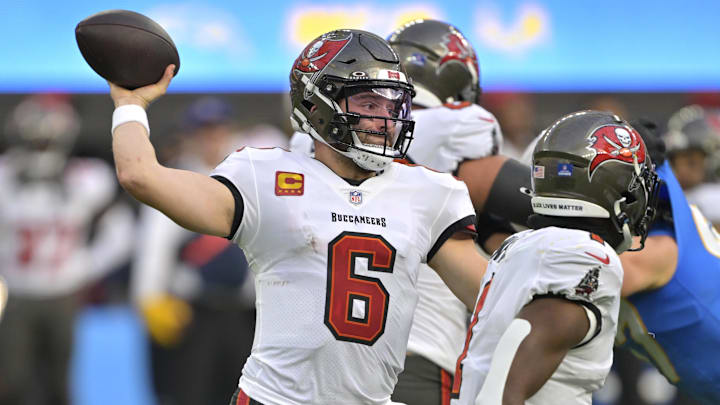 Dec 15, 2024; Inglewood, California, USA; Tampa Bay Buccaneers quarterback Baker Mayfield (6) sets to pass in the first half against the Los Angeles Chargers at SoFi Stadium. Mandatory Credit: Jayne Kamin-Oncea-Imagn Images Dec 15, 2024; Inglewood, California, USA; Tampa Bay Buccaneers quarterback Baker Mayfield (6) sets to pass in the first half against the Los Angeles Chargers at SoFi Stadium. Mandatory Credit: Jayne Kamin-Oncea-Imagn Images