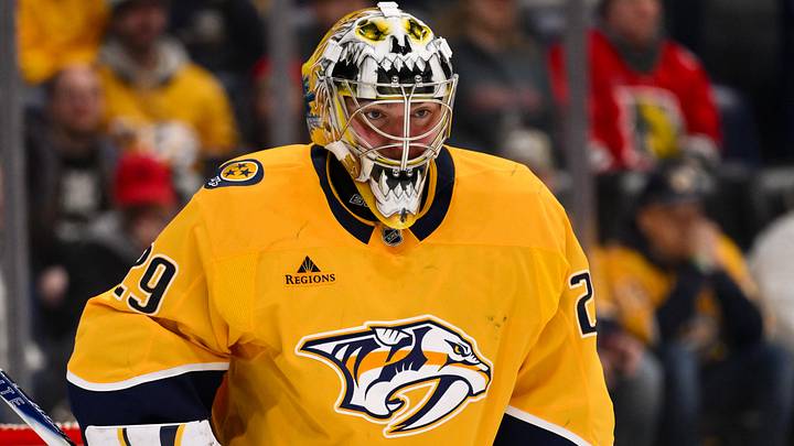 Feb 2, 2026; Nashville, Tennessee, USA; Nashville Predators goaltender Justus Annunen (29) awaits the face off against the St. Louis Blues during the third period at Bridgestone Arena. Mandatory Credit: Steve Roberts-Imagn Images Feb 2, 2026; Nashville, Tennessee, USA; Nashville Predators goaltender Justus Annunen (29) awaits the face off against the St. Louis Blues during the third period at Bridgestone Arena. Mandatory Credit: Steve Roberts-Imagn Images