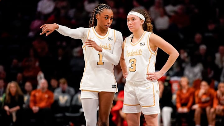 Vanderbilt guard Mikayla Blakes (1) strategizes with guard Aubrey Galvan (3) during the third quarter against Texas at Memorial Gymnasium in Nashville, Tenn., Thursday, Feb. 12, 2026.