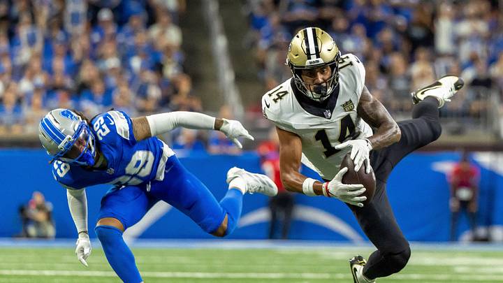 Sep 13, 2026; Detroit, Michigan, USA; New Orleans Saints wide receiver Devaughn Vele (14) makes a reception in front of Detroit Lions defensive back Avonte Maddox (29) during the fourth quarter at Ford Field. Mandatory Credit: David Reginek-Imagn Images Sep 13, 2026; Detroit, Michigan, USA; New Orleans Saints wide receiver Devaughn Vele (14) makes a reception in front of Detroit Lions defensive back Avonte Maddox (29) during the fourth quarter at Ford Field. Mandatory Credit: David Reginek-Imagn Images