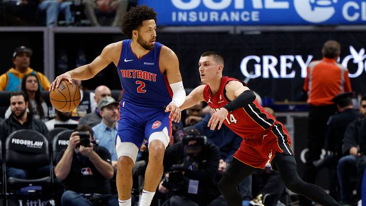 Dec 16, 2024; Detroit, Michigan, USA; Detroit Pistons guard Cade Cunningham (2) is defended by Miami Heat guard Tyler Herro (14) in the first half at Little Caesars Arena. Mandatory Credit: Rick Osentoski-Imagn Images Dec 16, 2024; Detroit, Michigan, USA; Detroit Pistons guard Cade Cunningham (2) is defended by Miami Heat guard Tyler Herro (14) in the first half at Little Caesars Arena. Mandatory Credit: Rick Osentoski-Imagn Images