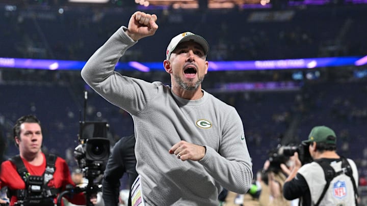 Dec 31, 2023; Minneapolis, Minnesota, USA; Green Bay Packers head coach Matt LaFleur runs off the field after the game against the Minnesota Vikings at U.S. Bank Stadium. Mandatory Credit: Jeffrey Becker-USA TODAY Sports