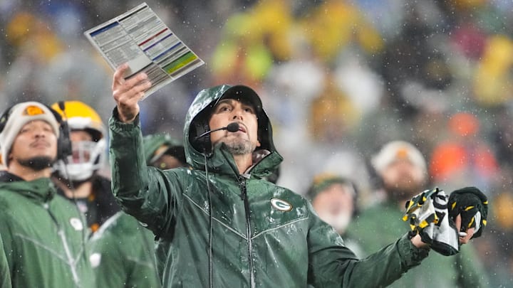Nov 3, 2024; Green Bay, Wisconsin, USA;  Green Bay Packers head coach Matt LaFleur reacts to a call during the fourth quarter against the Detroit Lions at Lambeau Field. Mandatory Credit: Jeff Hanisch-Imagn Images