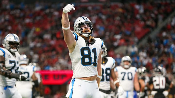 Sep 10, 2023; Atlanta, Georgia, USA; Carolina Panthers tight end Hayden Hurst (81) celebrates after