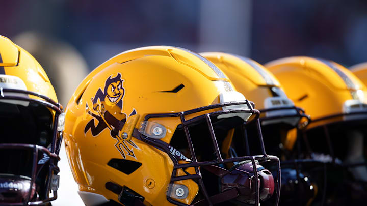 Nov 30, 2024; Tucson, Arizona, USA; Detailed view of an Arizona State Sun Devils helmet during the Territorial Cup at Arizona Stadium. Mandatory Credit: Mark J. Rebilas-Imagn Images