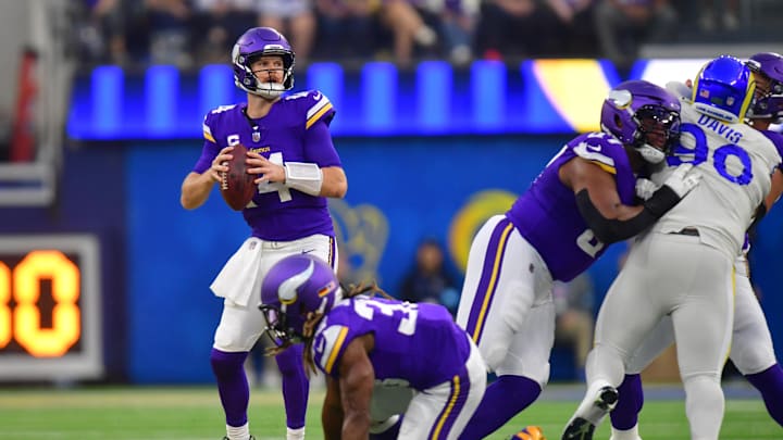 Oct 24, 2024; Inglewood, California, USA; Minnesota Vikings quarterback Sam Darnold (14) drops back to pass against the against the Los Angeles Rams during the first half at SoFi Stadium. Mandatory Credit: Gary A. Vasquez-Imagn Images Oct 24, 2024; Inglewood, California, USA; Minnesota Vikings quarterback Sam Darnold (14) drops back to pass against the against the Los Angeles Rams during the first half at SoFi Stadium. Mandatory Credit: Gary A. Vasquez-Imagn Images