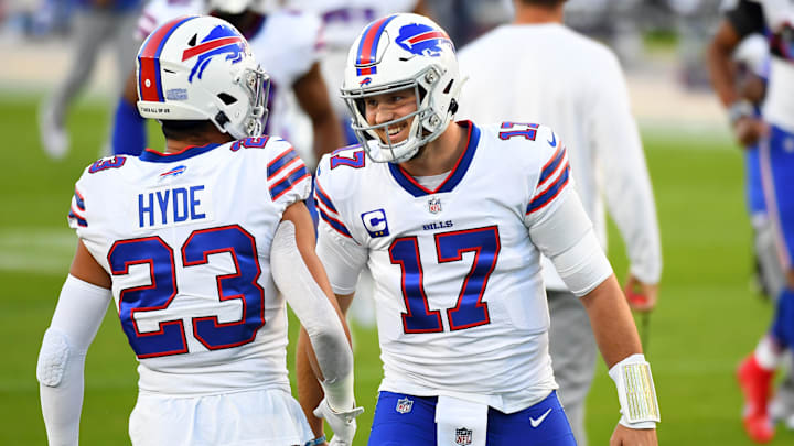 Oct 13, 2020; Nashville, Tennessee, USA;  Buffalo Bills quarterback Josh Allen (17) talks with Buffalo Bills strong safety Micah Hyde (23) 