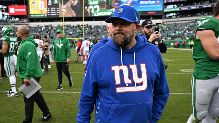 Oct 26, 2025; Philadelphia, Pennsylvania, USA; New York Giants head coach Brian Daboll reacts after the game against the Philadelphia Eagles at Lincoln Financial Field. Mandatory Credit: Eric Hartline-Imagn Images