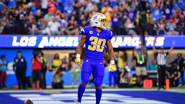 Dec 10, 2023; Inglewood, California, USA; Los Angeles Chargers running back Austin Ekeler (30)