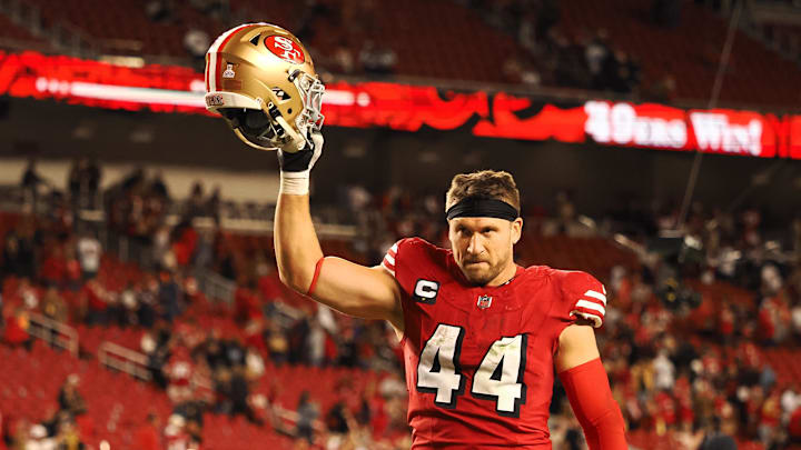 Oct 27, 2024; Santa Clara, California, USA; San Francisco 49ers fullback Kyle Juszczyk (44) raises his helmet as he leaves the field after the game against the Dallas Cowboys at Levi's Stadium. Mandatory Credit: Kelley L Cox-Imagn Images