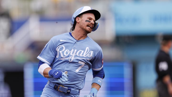 May 9, 2026; Kansas City, Missouri, USA; Kansas City Royals shortstop Bobby Witt Jr. (7) rounds the bases after hitting an in park home run during the first inning against the Detroit Tigers at Kauffman Stadium. Mandatory Credit: William Purnell-Imagn Images