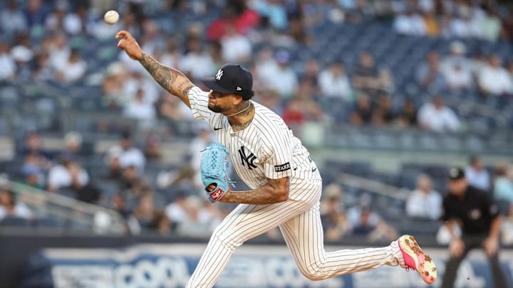 Aug 26, 2025; Bronx, New York, USA; New York Yankees starting pitcher Luis Gil (81) pitches in the first inning against the Washington Nationals at Yankee Stadium. Mandatory Credit: Wendell Cruz-Imagn Images
