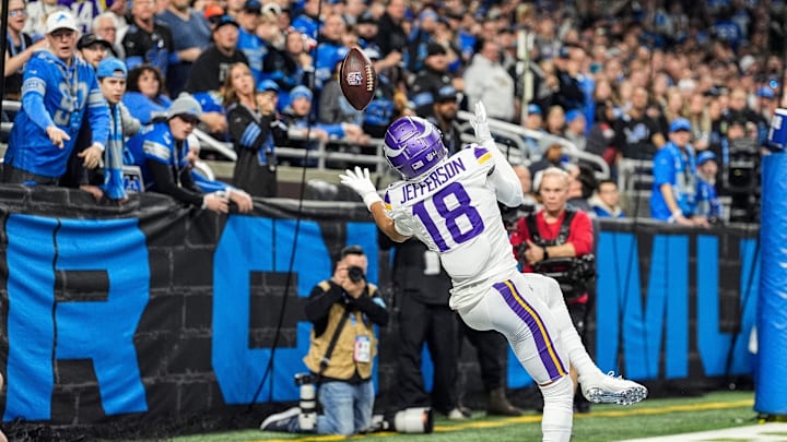 Minnesota Vikings wide receiver Justin Jefferson (18) tries to makes a catch against Detroit Lions during the first half at Ford Field in Detroit on Sunday, Jan. 5, 2025.