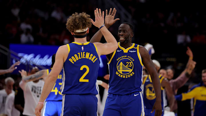 Nov 2, 2024; Houston, Texas, USA; Golden State Warriors forward Draymond Green (23) congratulates Golden State Warriors guard Brandin Podziemski (2) after a basket against the Houston Rockets during the second quarter at Toyota Center. Mandatory Credit: Erik Williams-Imagn Images
Nov 2, 2024; Houston, Texas, USA; Golden State Warriors forward Draymond Green (23) congratulates Golden State Warriors guard Brandin Podziemski (2) after a basket against the Houston Rockets during the second quarter at Toyota Center. Mandatory Credit: Erik Williams-Imagn Images