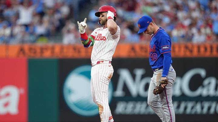 Jun 20, 2026; Philadelphia, Pennsylvania, USA; Philadelphia Phillies infielder Bryce Harper (3) reacts after hitting a double against the New York Mets in the third inning at Citizens Bank Park. Mandatory Credit: Kyle Ross-Imagn Images Jun 20, 2026; Philadelphia, Pennsylvania, USA; Philadelphia Phillies infielder Bryce Harper (3) reacts after hitting a double against the New York Mets in the third inning at Citizens Bank Park. Mandatory Credit: Kyle Ross-Imagn Images