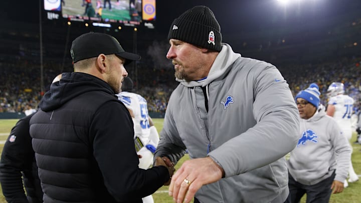 Jan 8, 2023; Green Bay, Wisconsin, USA;  Green Bay Packers head coach Matt LaFleur greets Detroit Lions head coach Dan Campbell following the game at Lambeau Field. Mandatory Credit: Jeff Hanisch-Imagn Images