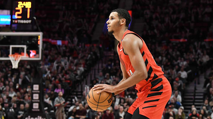 Jan 18, 2025; Portland, Oregon, USA;  Portland Trail Blazers forward Kris Murray (24) spots up to shoot during the second half at Moda Center. Mandatory Credit: Brian Murphy-Imagn Images