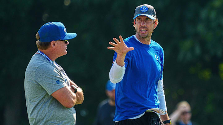 Indianapolis Colts head coach Shane Steichen speaks with General Manager Chris Ballard before the