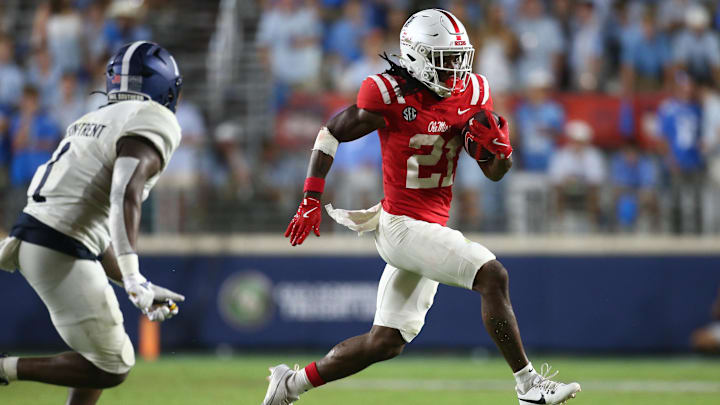 Sep 21, 2024; Oxford, Mississippi, USA; Mississippi Rebels running back Henry Parrish Jr. (21) runs the ball during the second half against the Georgia Southern Eagles at Vaught-Hemingway Stadium. Mandatory Credit: Petre Thomas-Imagn Images Sep 21, 2024; Oxford, Mississippi, USA; Mississippi Rebels running back Henry Parrish Jr. (21) runs the ball during the second half against the Georgia Southern Eagles at Vaught-Hemingway Stadium. Mandatory Credit: Petre Thomas-Imagn Images