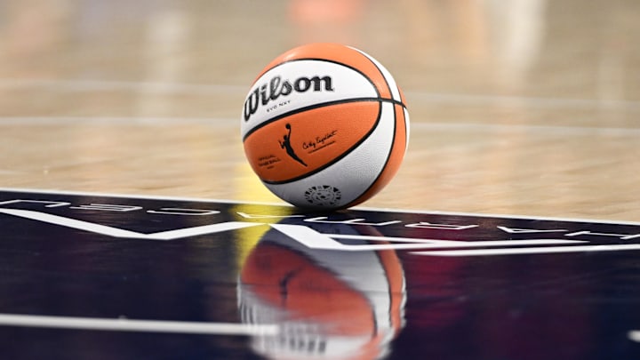 Sep 4, 2025; Washington, District of Columbia, USA;  A WNBA ball sits on the floor during a tine out during the first quarter of a game between the Washington Mystics and the Phoenix Mercury at CareFirst Arena. Mandatory Credit: Rafael Suanes-Imagn Images
