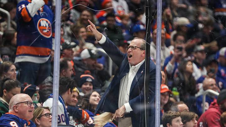 Mar 25, 2023; Elmont, New York, USA;  New York Islanders owner Jon Ledecky sings with the crowd during a timeout in the second period against the Buffalo Sabres at UBS Arena. Mandatory Credit: Wendell Cruz-USA TODAY Sports