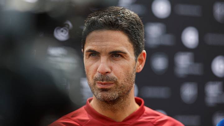 Jul 17, 2023; Fairfax, VA, USA; Arsenal manager Mikel Arteta speaks with the media prior to an Arsenal training session at George Mason University Field House in preparation for the 2023 MLS All Star Game. Mandatory Credit: Geoff Burke-USA TODAY Sports Jul 17, 2023; Fairfax, VA, USA; Arsenal manager Mikel Arteta speaks with the media prior to an Arsenal training session at George Mason University Field House in preparation for the 2023 MLS All Star Game. Mandatory Credit: Geoff Burke-USA TODAY Sports