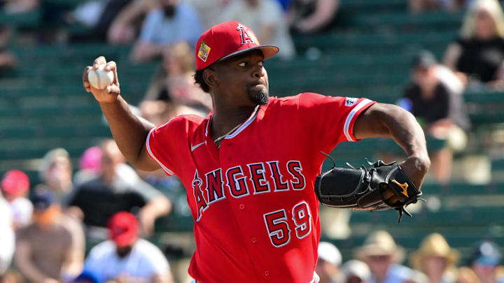 Feb 26, 2026; Tempe, Arizona, USA; Los Angeles Angels pitcher Jose Soriano (59) throws a pitch in the second inning against the Chicago Cubs at Tempe Diablo Stadium. Mandatory Credit: Matt Kartozian-Imagn Images Feb 26, 2026; Tempe, Arizona, USA; Los Angeles Angels pitcher Jose Soriano (59) throws a pitch in the second inning against the Chicago Cubs at Tempe Diablo Stadium. Mandatory Credit: Matt Kartozian-Imagn Images