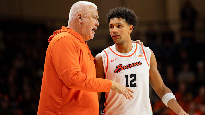 Oregon State head coach Wayne Tinkle talks to his player Michael Rataj after subbing out the game during an NCAA basketball game at Gill Coliseum on Saturday, Jan. 4, 2025, in Corvallis, Ore.