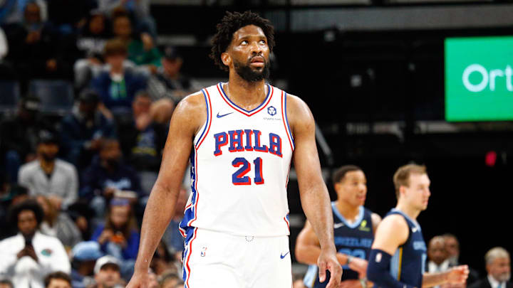 Nov 20, 2024; Memphis, Tennessee, USA; Philadelphia 76ers center Joel Embiid (21) gets back on defense during the second half against the Memphis Grizzlies at FedExForum. Mandatory Credit: Petre Thomas-Imagn Images